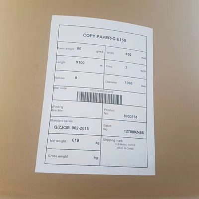Pedido personalizado 70/75/80gm Copia de papel Jumbo Roll 850mm Tamaño del carrete con 103±1 Brillo